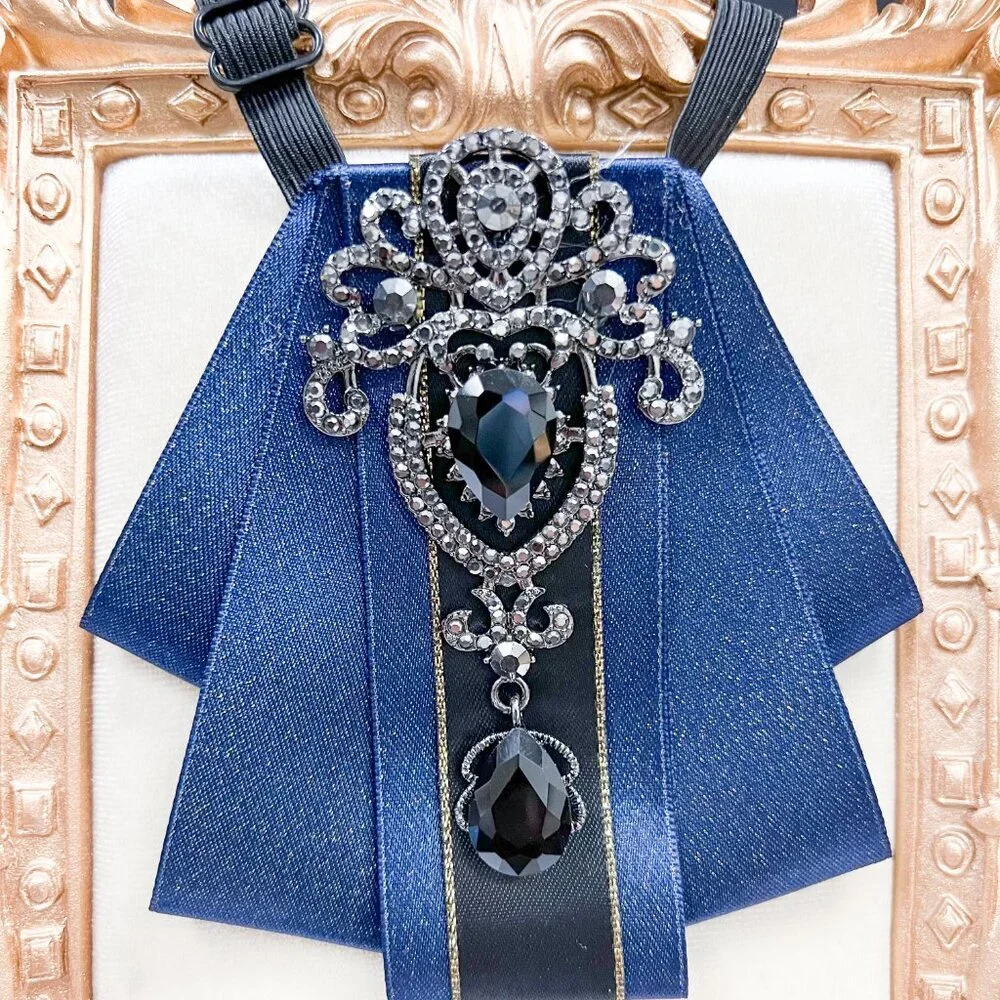 Blue crystal bowtie, Kid's Necktie, Black Crystal Brooch, Kids Size, 2 in 1